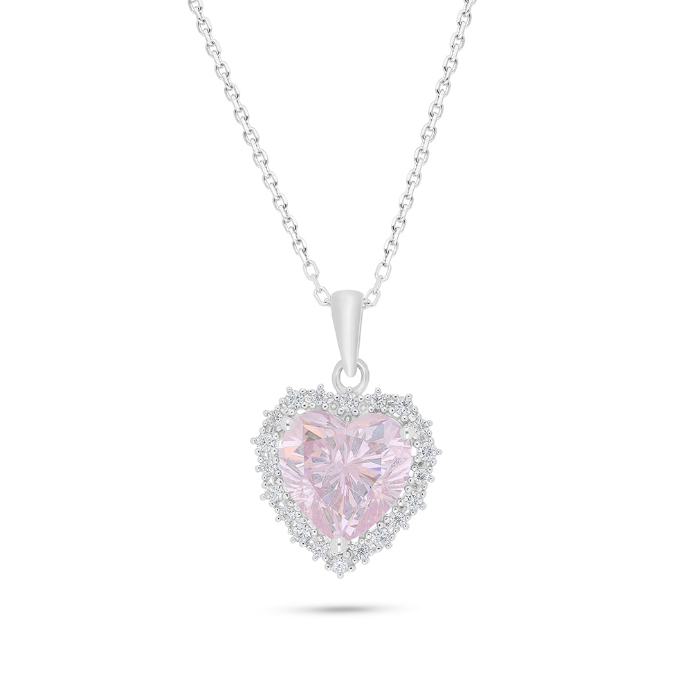 Sterling Silver 925 Necklace Rhodium Plated Embedded With pink Zircon And White Zircon