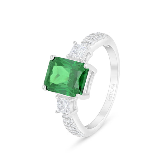 Sterling Silver 925 Ring Rhodium Plated Embedded With Emerald Zircon And White Zircon