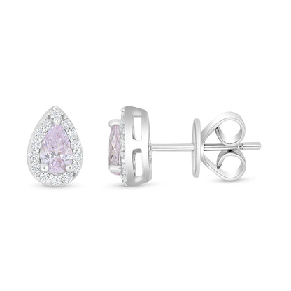 Sterling Silver 925 Earring Rhodium Plated Embedded With Pink Zircon And White Zircon