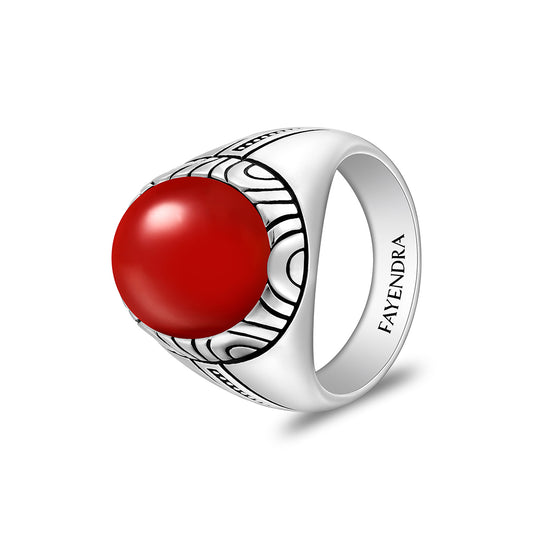 Sterling Silver 925 Ring Rhodium And Black Plated Embedded With Cabochon Red Agate For Men