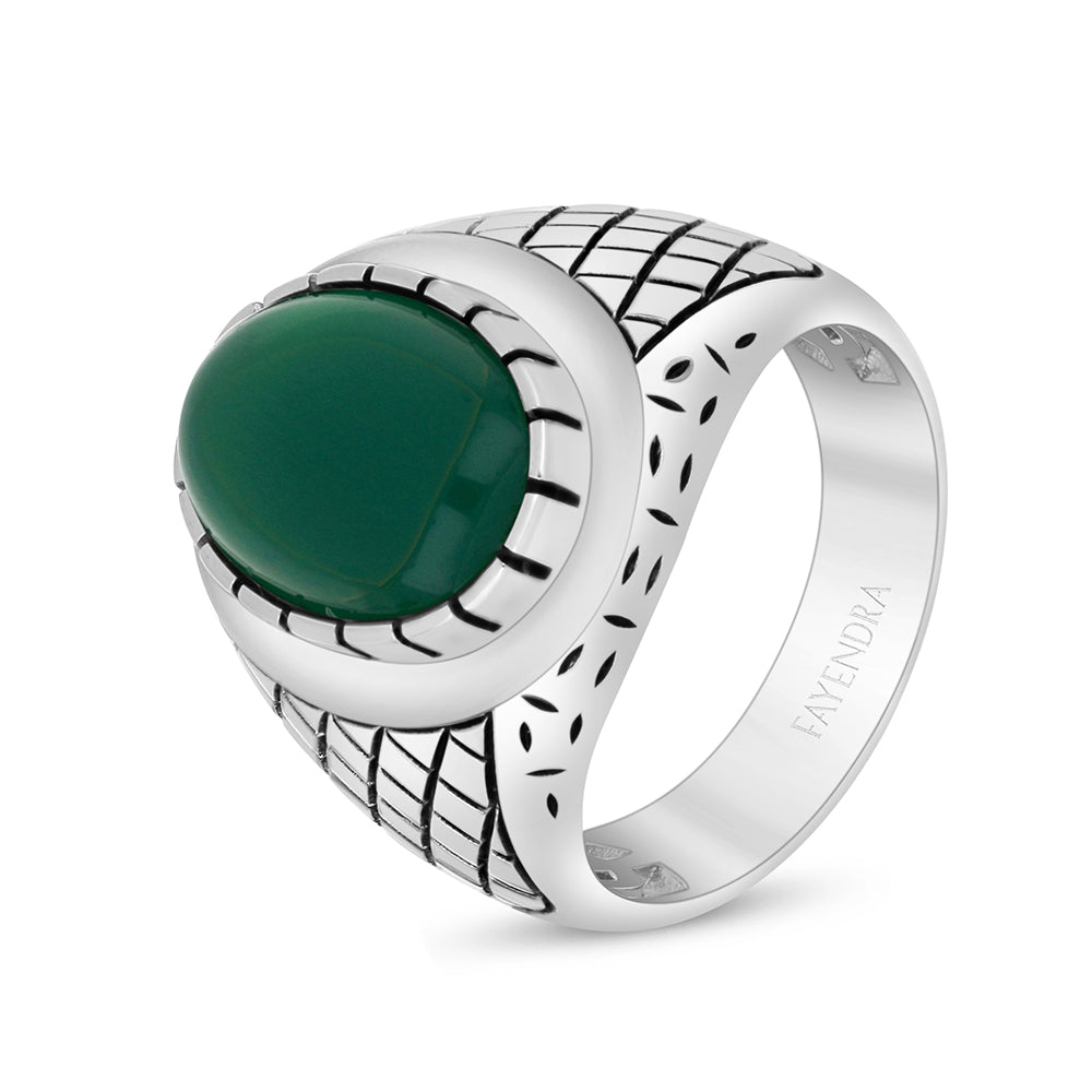 Sterling Silver 925 Ring Rhodium And Black Plated Embedded With Cabochon Green Agate For Men
