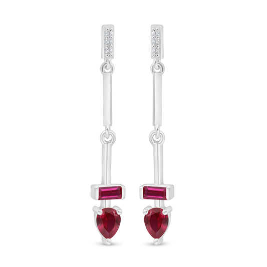 Sterling Silver 925 Earring Rhodium Plated Embedded With Ruby Corundum And White Zircon