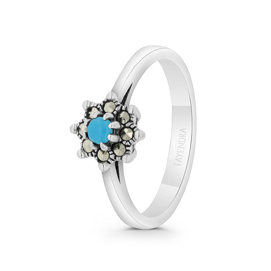 Sterling Silver 925 Ring Embedded With Natural Processed Turquoise And Marcasite Stones