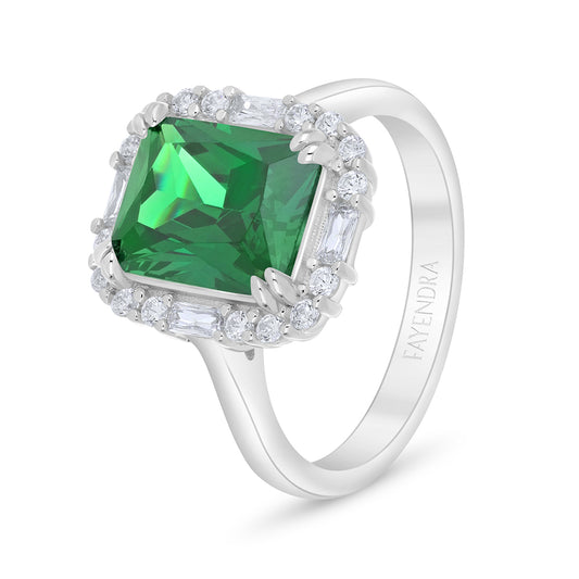 Sterling Silver 925 Ring Rhodium Plated Embedded With Emerald Zircon And White Zircon