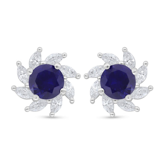 Sterling Silver 925 Earring Rhodium Plated Embedded With Sapphire Corundum And White Zircon