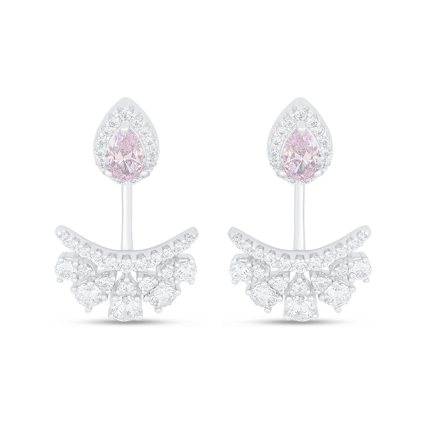 Sterling Silver 925 Earring Rhodium Plated Embedded With Pink Zircon And White Zircon