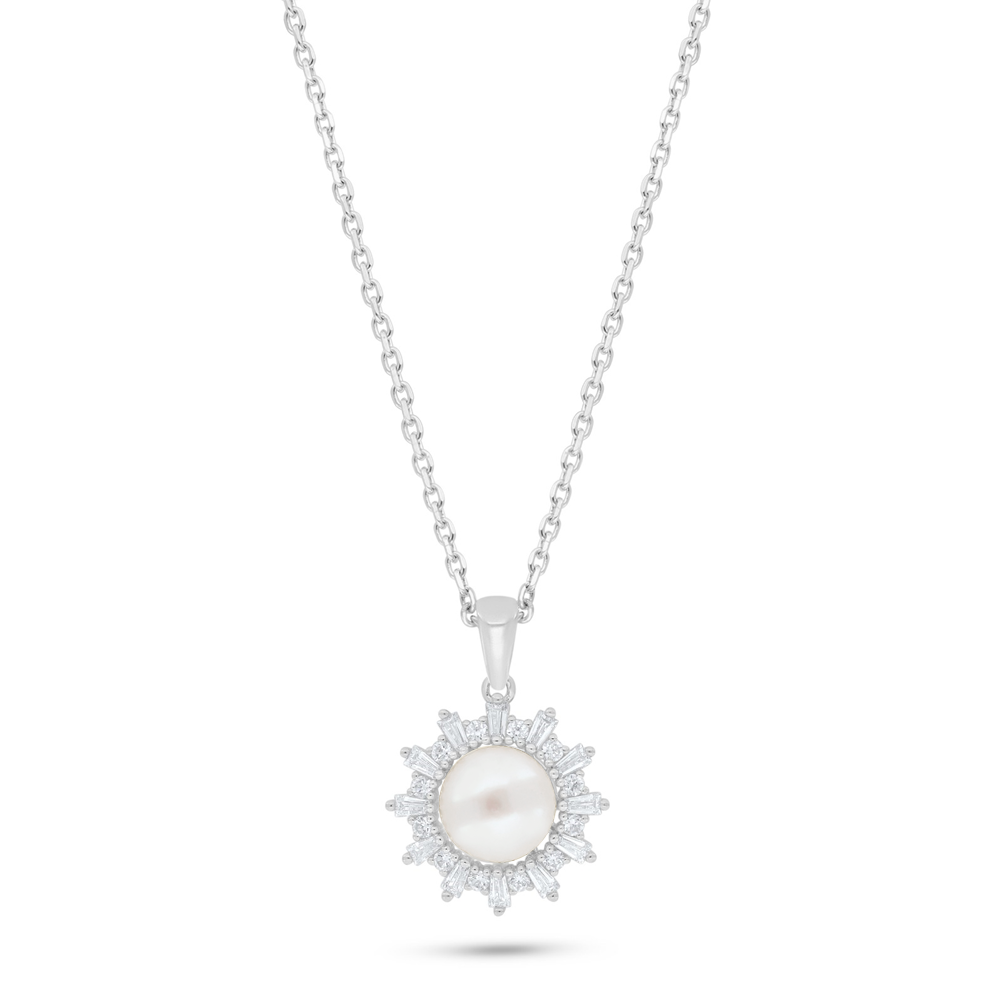 Sterling Silver 925 Necklace Rhodium Plated Embedded With Natural White Pearl And White Zircon