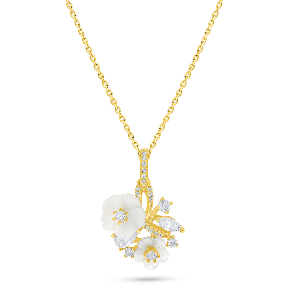 عقد من الفضة الخالصة عيار 925 مطلي ذهبي مرصع صدف ابيض و فص ابيض