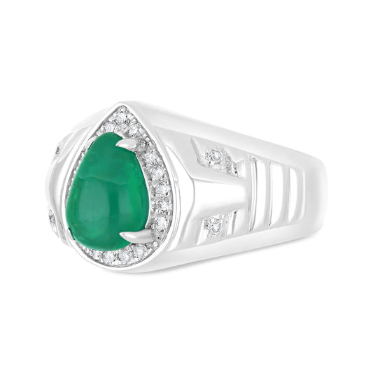 خاتم رجالي عيار 925 مطلي روديوم مرصع بحجر الزمرد الطبيعي و الالماس الطبيعي سي في دي جودة في في اس