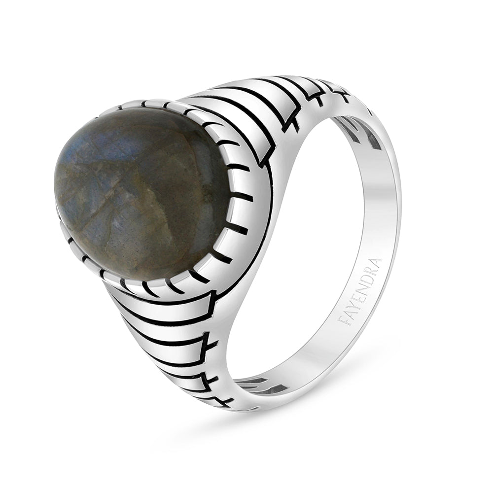 Sterling Silver 925 Ring Rhodium And Black Plated Embedded With Cabochon Labradorite For Men
