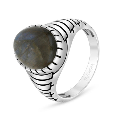 Sterling Silver 925 Ring Rhodium And Black Plated Embedded With Cabochon Labradorite For Men