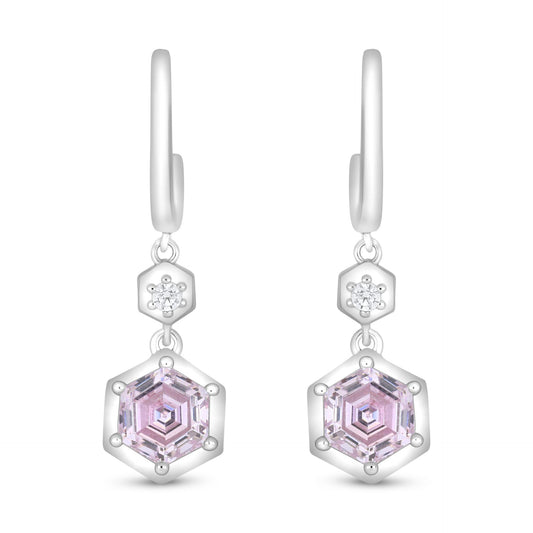 Sterling Silver 925 Earring Rhodium Plated Embedded With Pink Zircon And White Zircon