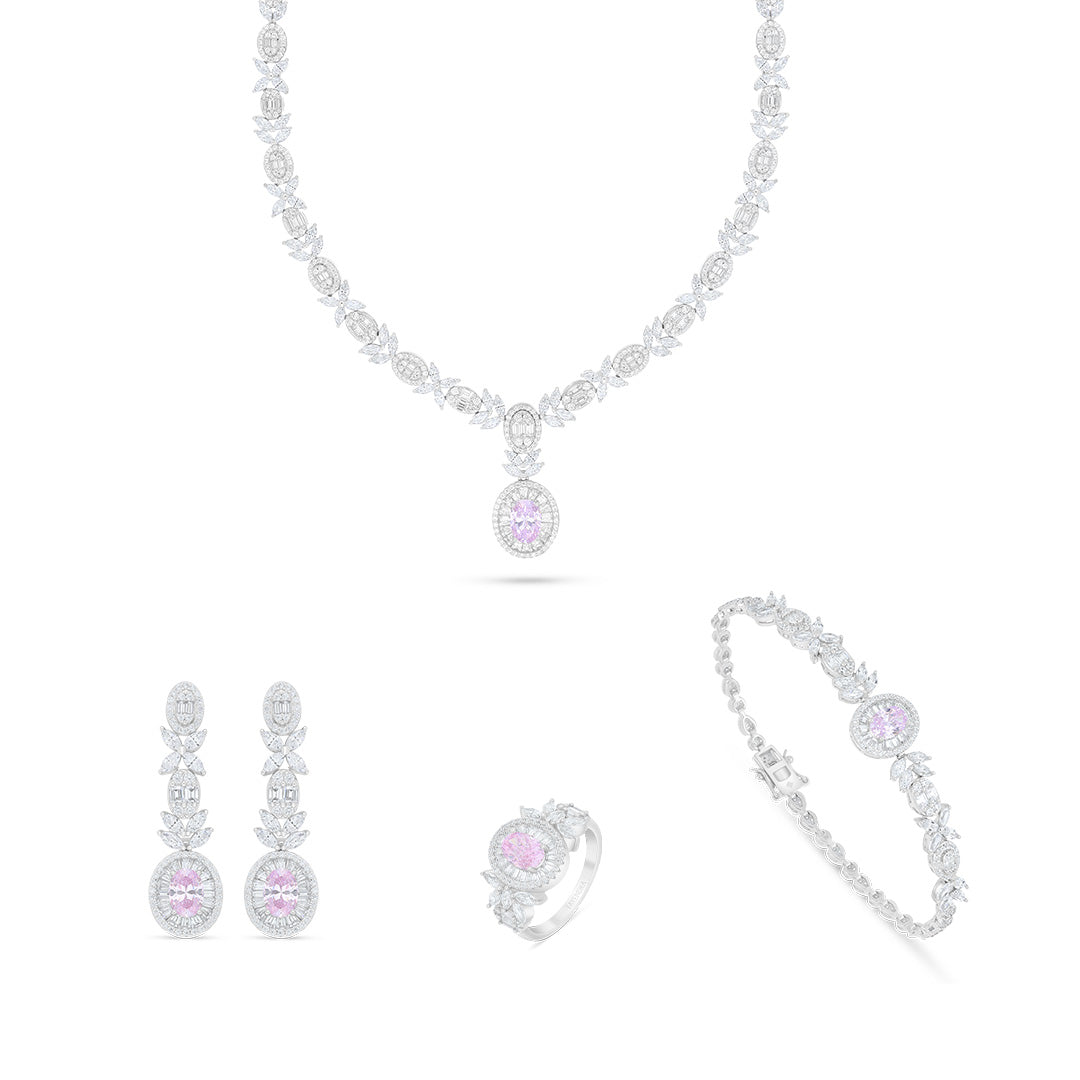 Sterling Silver 925 Set Rhodium Plated Embedded With Pink Zircon And White Zircon