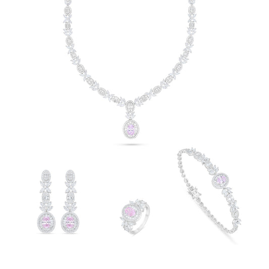 Sterling Silver 925 Set Rhodium Plated Embedded With Pink Zircon And White Zircon