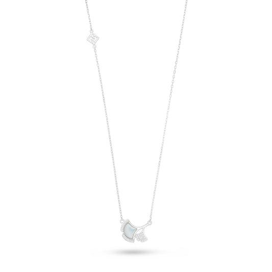 Sterling Silver 925 Necklace Rhodium Plated Embedded With White Shell And White Zircon