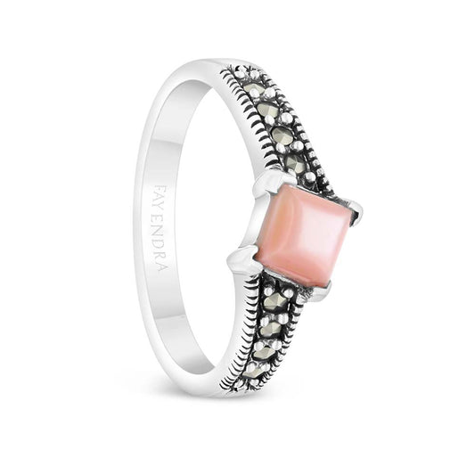 Sterling Silver 925 Ring Embedded With Natural Pink Shell And Marcasite Stones