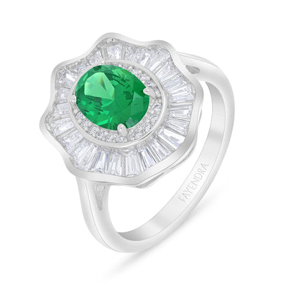 Sterling Silver 925 Ring Rhodium Plated Embedded With Emerald Zircon And White Zircon