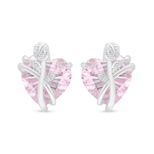 Sterling Silver 925 Earring Rhodium Plated Embedded With Pink Zircon And White Zircon