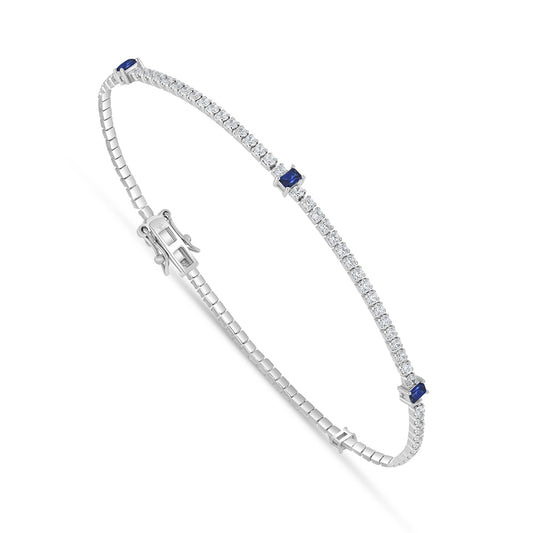 Sterling Silver 925 Bracelet Rhodium Plated Embedded With Sapphire Corundum And White Zircon