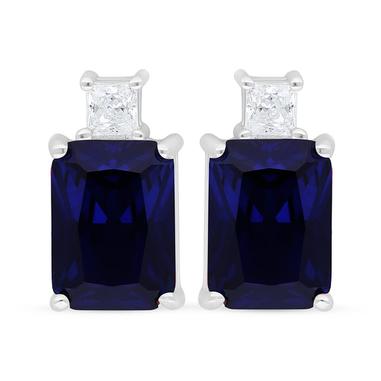Sterling Silver 925 Earring Rhodium Plated Embedded With Sapphire Corundum And White Zircon