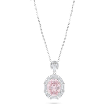 Sterling Silver 925 Necklace Rhodium Plated Embedded With Pink Zircon And White Zircon
