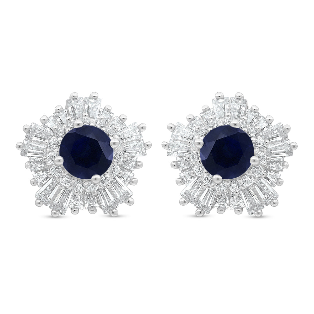 Sterling Silver 925 Earring Rhodium Plated Embedded With Sapphire Corundum And White Zircon