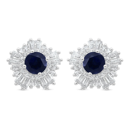 Sterling Silver 925 Earring Rhodium Plated Embedded With Sapphire Corundum And White Zircon