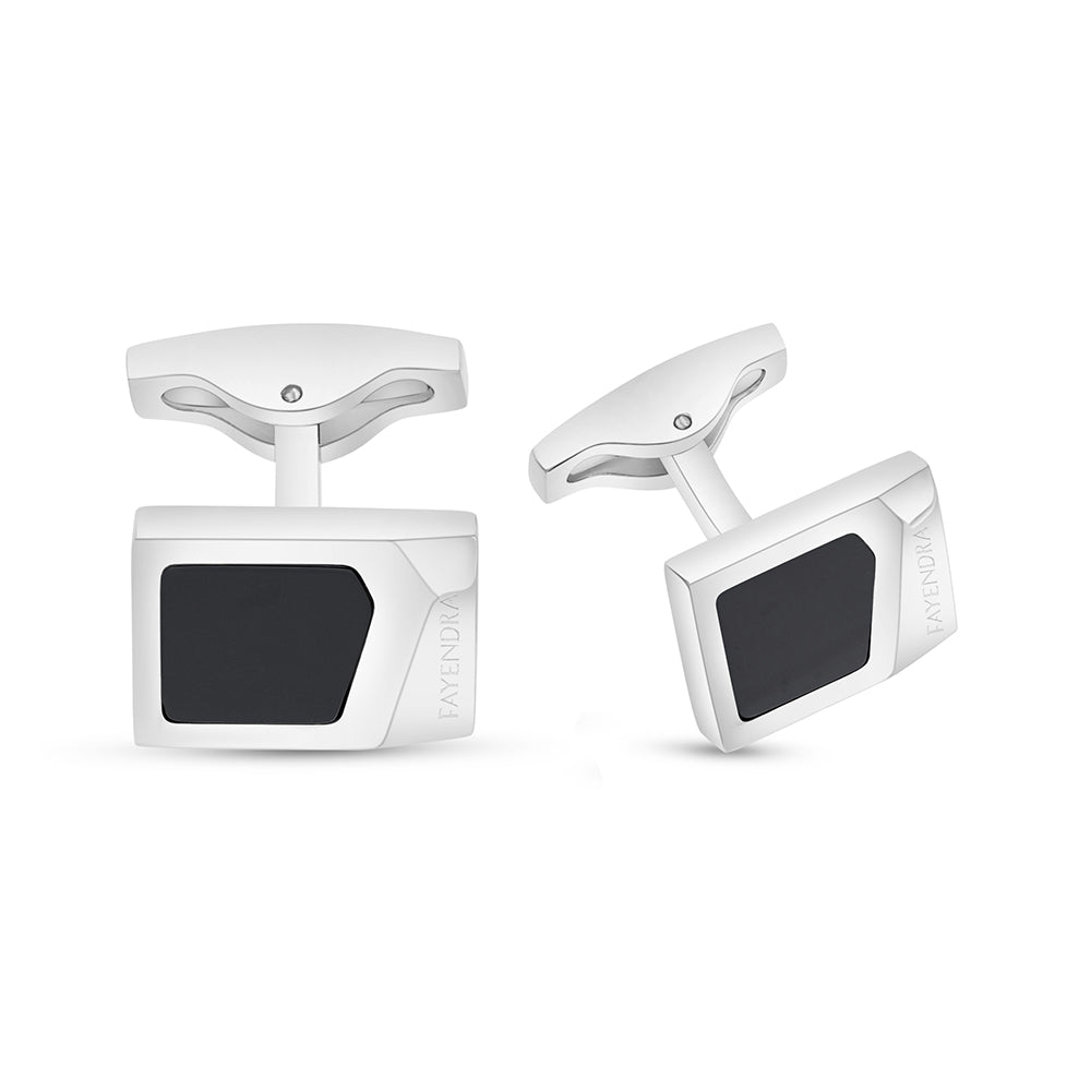 Stainless Steel Cufflink 316L Embedded With Black Agate Shiny Steel