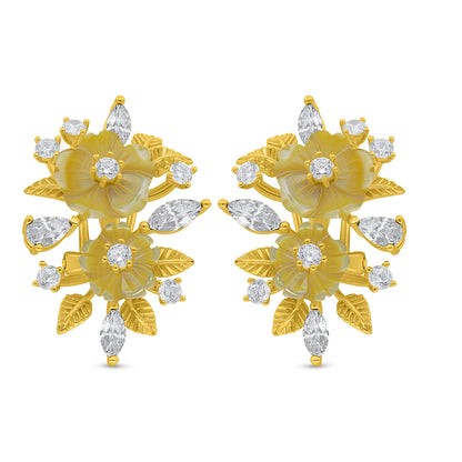 Sterling Silver 925 Earring Golden Plated Embedded With Yellow Shell And Diamond Zircon