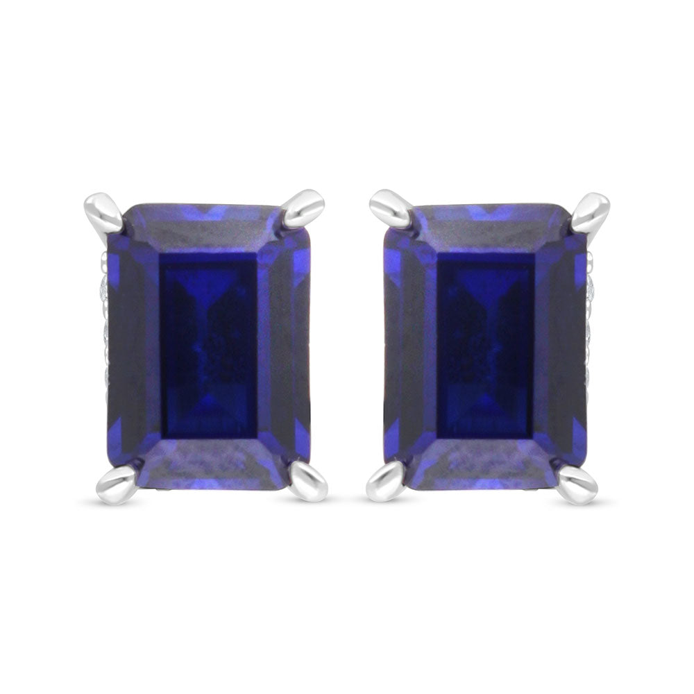 Sterling Silver 925 Earring Rhodium Plated Embedded With Sapphire Corundum And White Zircon