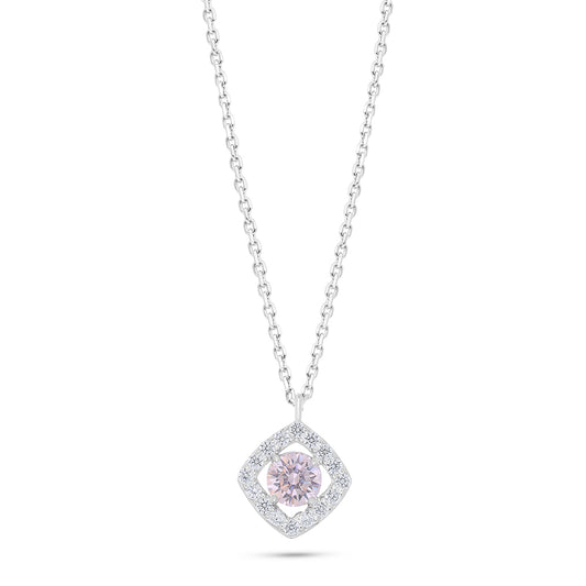 Sterling Silver 925 Necklace Rhodium Plated Embedded With Pink Zircon And White Zircon