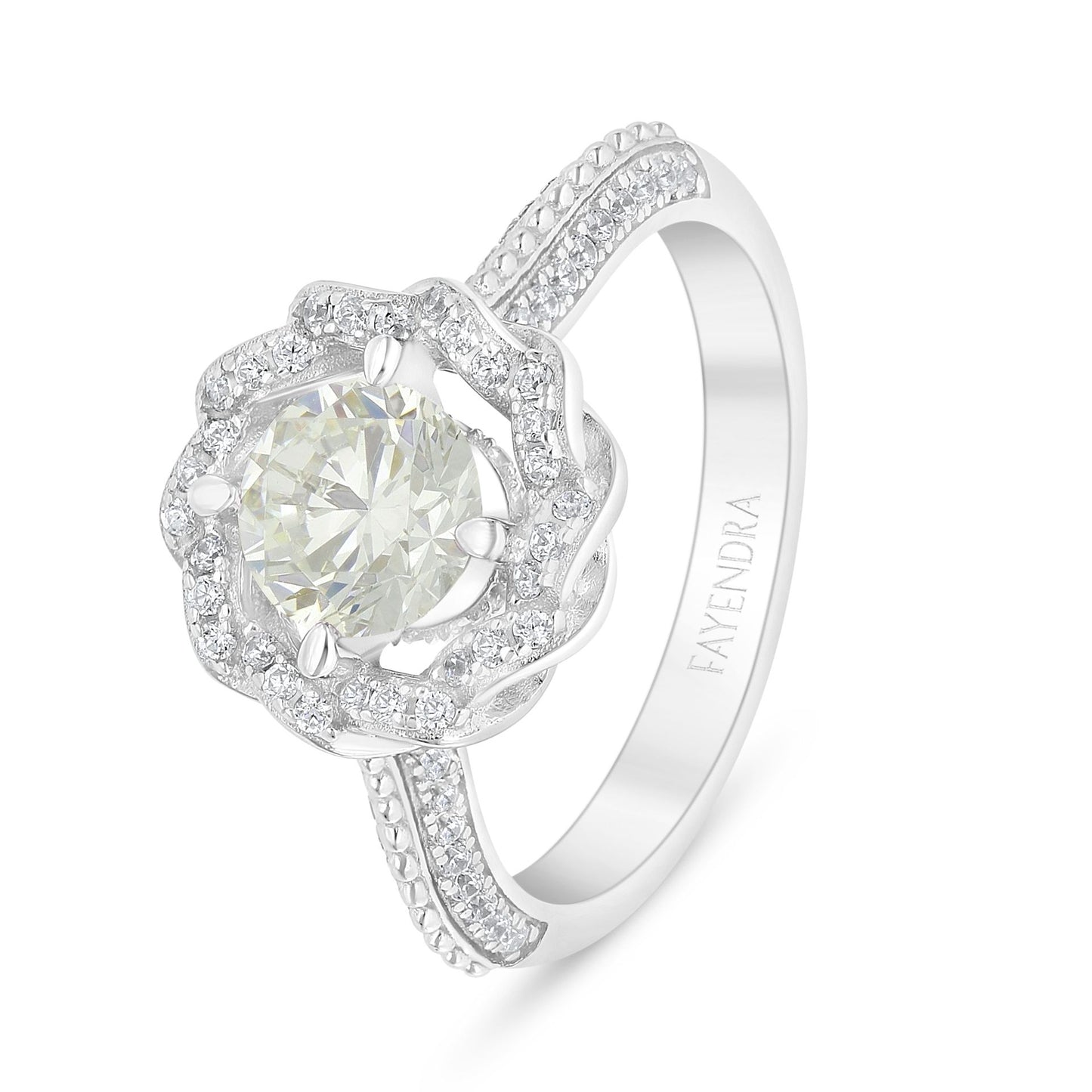 خاتم من الفضة الخالصة عيار 925 مطلي روديوم مرصع بالزركون الكناري الالماسي و فص ابيض