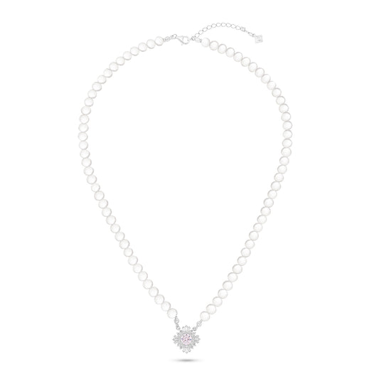 Sterling Silver 925 Necklace Rhodium Plated Embedded With Natural White Pearl, Pink Zircon And White Zircon