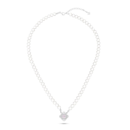 Sterling Silver 925 Necklace Rhodium Plated Embedded With Natural White Pearl, Pink Zircon And White Zircon