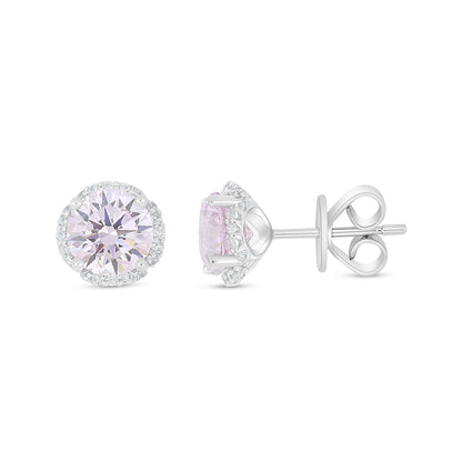 Sterling Silver 925 Earring Rhodium Plated Embedded With Pink Zircon And White Zircon