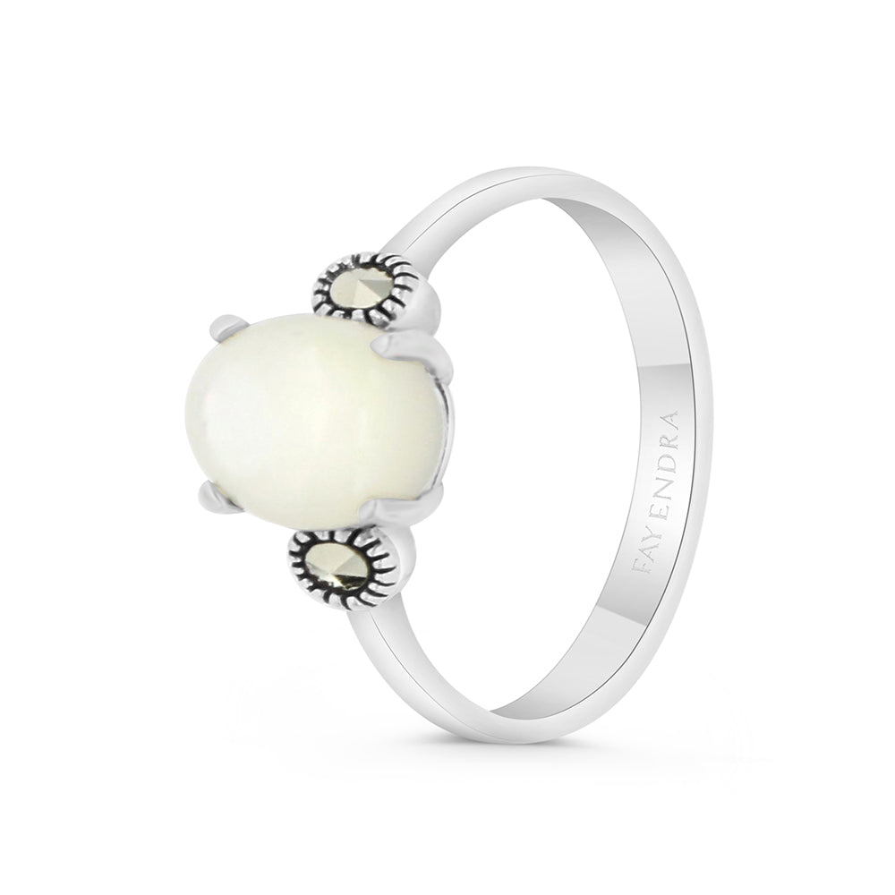 Sterling Silver 925 Ring Embedded With Natural White Shell And Marcasite Stones