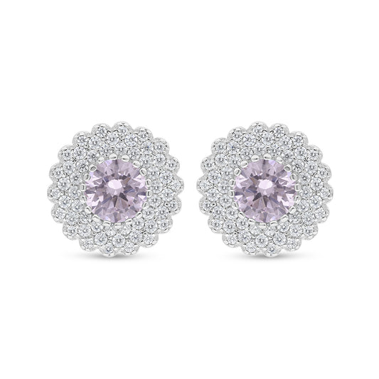 Sterling Silver 925 Earring Rhodium Plated Embedded With Pink Zircon And White Zircon