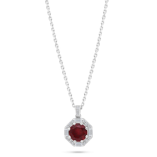 Sterling Silver 925 Necklace Rhodium Plated Embedded With Ruby Corundum And White Zircon