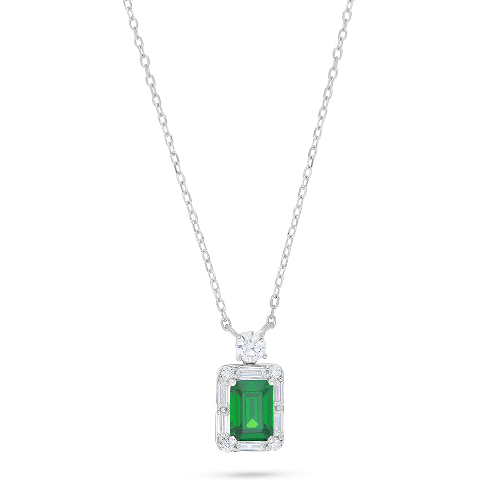 Sterling Silver 925 Necklace Rhodium Plated Embedded With Emerald Zircon And White Zircon