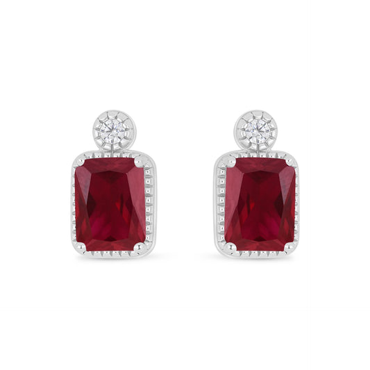 Sterling Silver 925 Earring Rhodium Plated Embedded With Ruby Corundum And White Zircon
