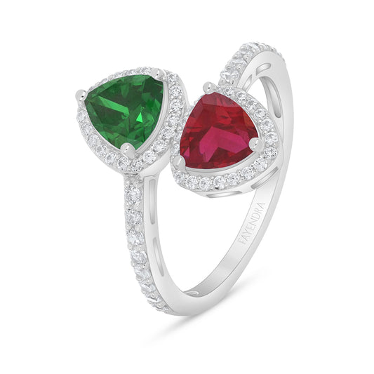 Sterling Silver 925 Ring Rhodium Plated Embedded With Ruby Corundum and Emerald Zircon And White Zircon