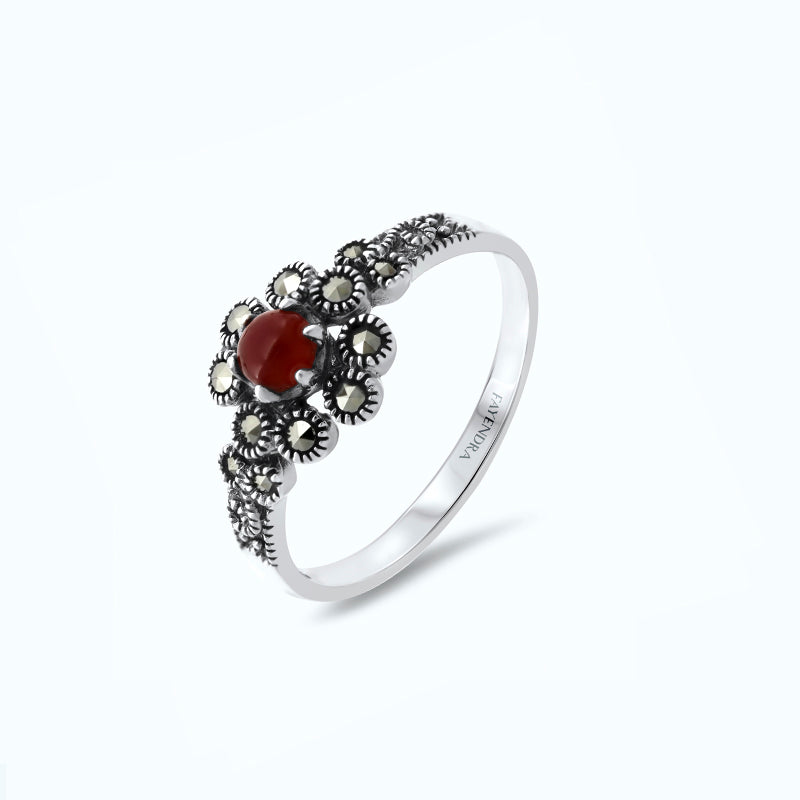 Sterling Silver 925 Ring Embedded With Natural Aqiq And Marcasite Stones