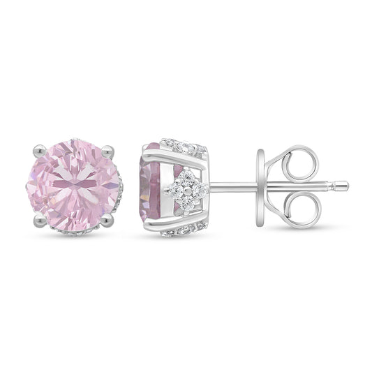Sterling Silver 925 Earring Rhodium Plated Embedded With Pink Zircon And White Zircon
