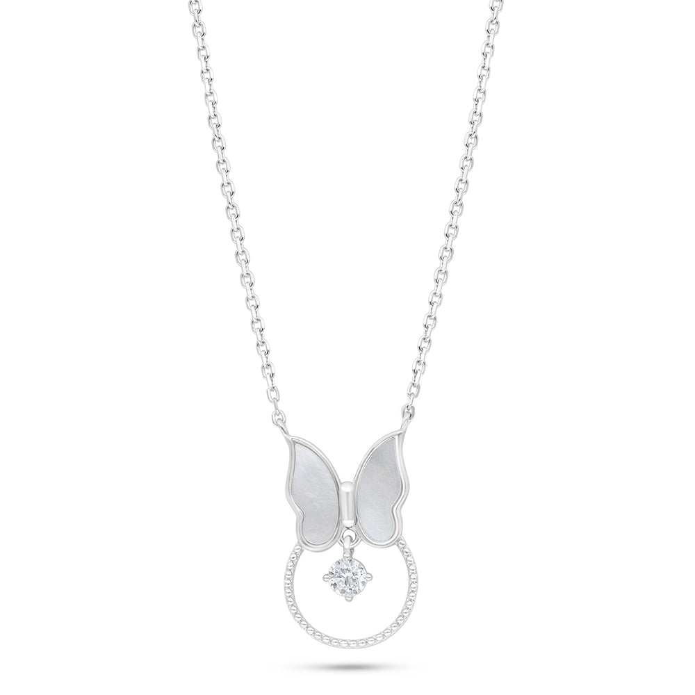Sterling Silver 925 Necklace Rhodium Plated Embedded With White Shell And White Zircon