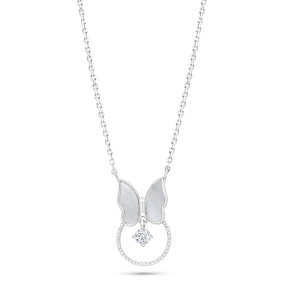 Sterling Silver 925 Necklace Rhodium Plated Embedded With White Shell And White Zircon