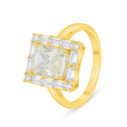 Sterling Silver 925 Ring Golden Plated Embedded With Yellow Diamond And White Zircon