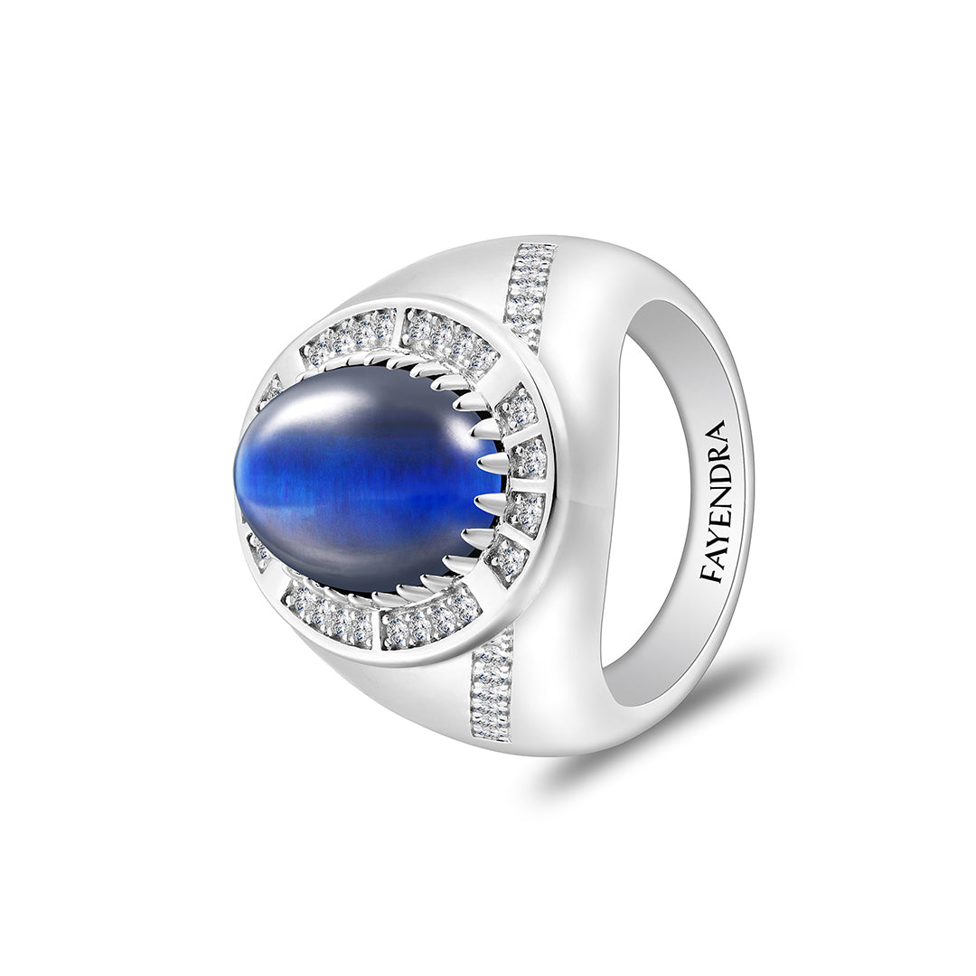 Sterling Silver 925 Ring Rhodium Plated Embedded With Cabochon Blue Tiger Eye And White Zircon For Men