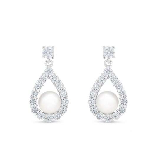 Sterling Silver 925 Earring Rhodium Plated Embedded With Natural White Pearl And White Zircon