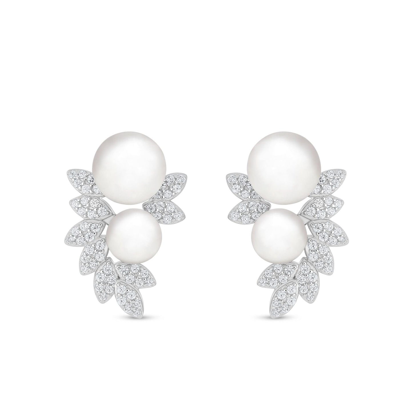 Sterling Silver 925 Earring Rhodium Plated Embedded With Natural White Pearl And White Zircon