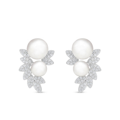 Sterling Silver 925 Earring Rhodium Plated Embedded With Natural White Pearl And White Zircon